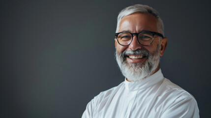 Obraz premium Portrait of pastor of Christianity cheerful on the gray background