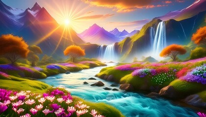 Photo majestic magical fantasy landscape with mountains river waterfall sun rays 3d