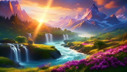 Photo majestic magical fantasy landscape with mountains river waterfall sun rays 3d