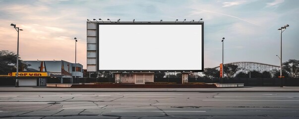 Obraz premium Empty billboard at a Florida amusement park, with roller coasters in the background, 3D render, no light from frame, lively, high detail