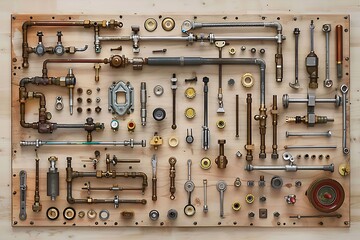 A flat lay of various pipes, clamps and plumbers tools on a light wooden background.