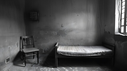 Vertical grayscale shot of a sparse room with a single chair and mattress
