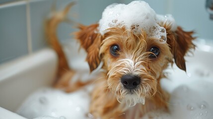 Pet ownership animal welfare dog taking bath groomed by owner, hygiene loyalty friendship bathing
