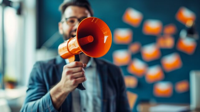 Businessman holding megaphone with email icons on wall behind, advertising message business lead generation
