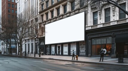 Large blank billboard in a Boston downtown area, surrounded by historic and modern buildings, 3D render, no light from frame, urban, high detail