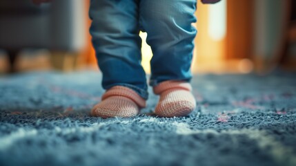 Baby girl in pink booties taking first steps on blue carpet, support celebration learning achievement
