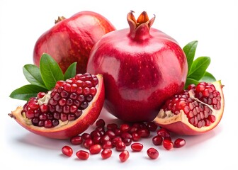 Ripe And Juicy Pomegranates With Leaves Isolated On White Background
