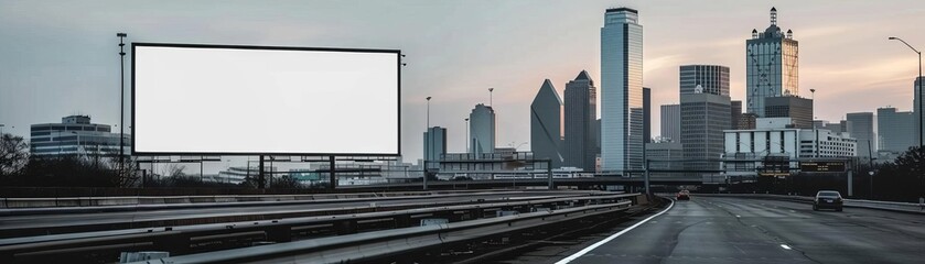 Large blank billboard on a freeway in Dallas, with the city skyline, 3D render, no light from frame, modern, realistic