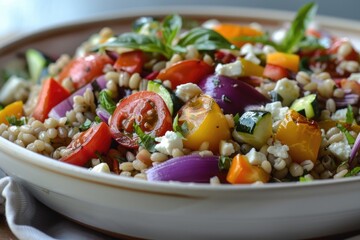 A nutritious grain salad with barley, roasted vegetables, and feta