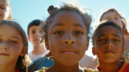 Group of kids standing in line or together, can be used for various educational, social or family-related projects