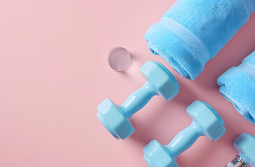 blue dumbbells and sports with a towel on a light pink background