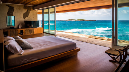 Fototapeta premium A large bed with a view of the ocean.
