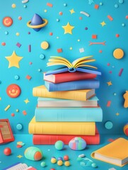 A stack of colorful books surrounded by toys and bright elements, perfect for childrens educational centers and bookstores. Generative AI