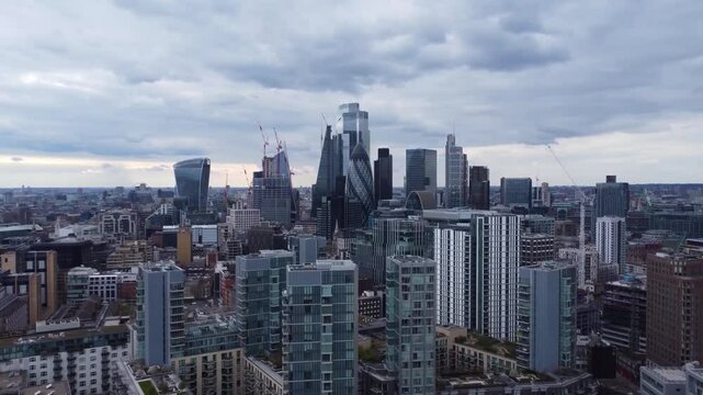 Panning City skyline Islington London UK drone aerial view