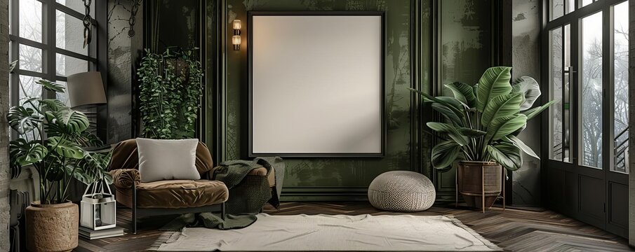 White blank mockup frame, clear view, cozy hallway with soft lighting, neutral colors, 3D render, welcoming and elegant