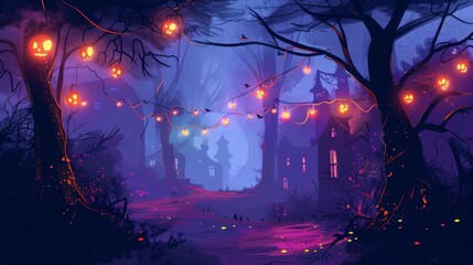Obraz premium Halloween Night with Spooky Lights Illustration