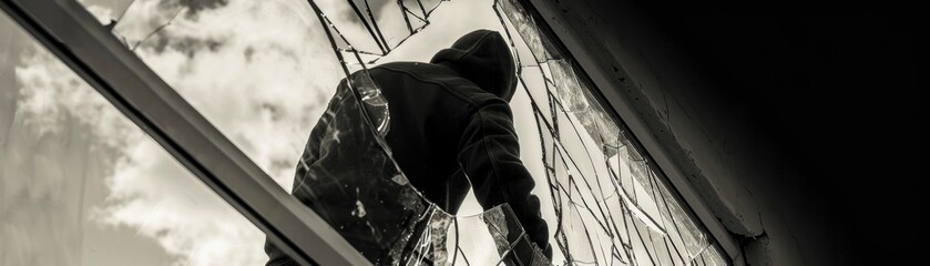 Stealthy Thief Climbing Through a Broken Window in a Burglary Attempt