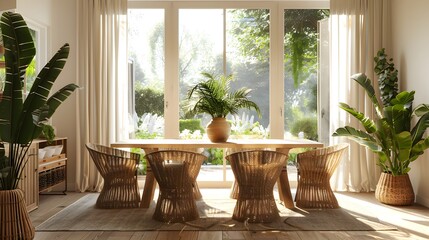 Bright sunlit dining room with a wooden table, wicker chairs, and green plants by a large window with garden views. 