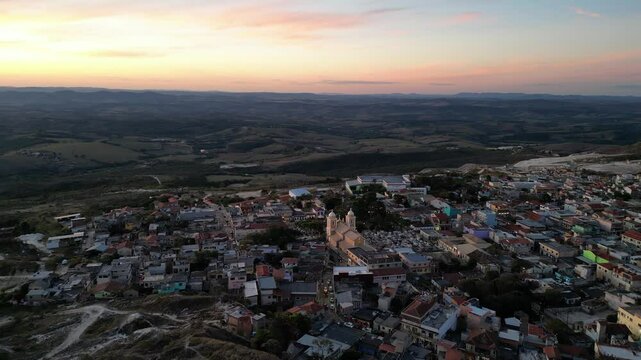 Astonishing aerial drone footage of a town in Brazil, Sunset San Thome Church, S&atilde;o Thom&eacute; das Letras, Brazil