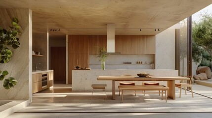 Modern minimalist kitchen and dining area with natural light and plants accentuating the warm, earthy tones of the interior design.
