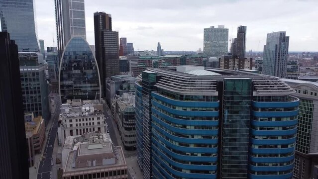 Panning City skyline Islington London UK drone aerial view