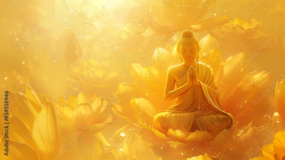 Wall mural golden buddha sitting on a golden blossom