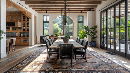 Naklejka premium Modern spacious kitchen and dining area with a large table, exposed beams, and abundant natural light from large windows and doors. 