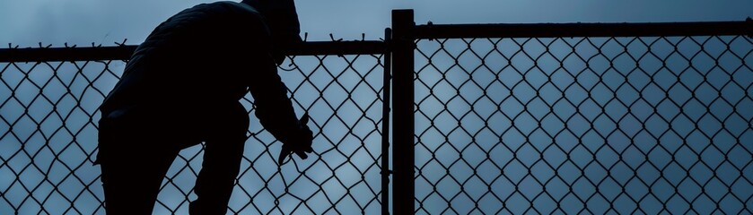 Stealthy Thief in Mask Scaling Fence at Night - Criminal Activity Concept with Intruder Silhouetted Against Dark Sky