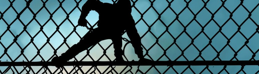 Fototapeta premium Undercover Intruder: Silhouette of a Masked Man Scaling a Fence in the Dark