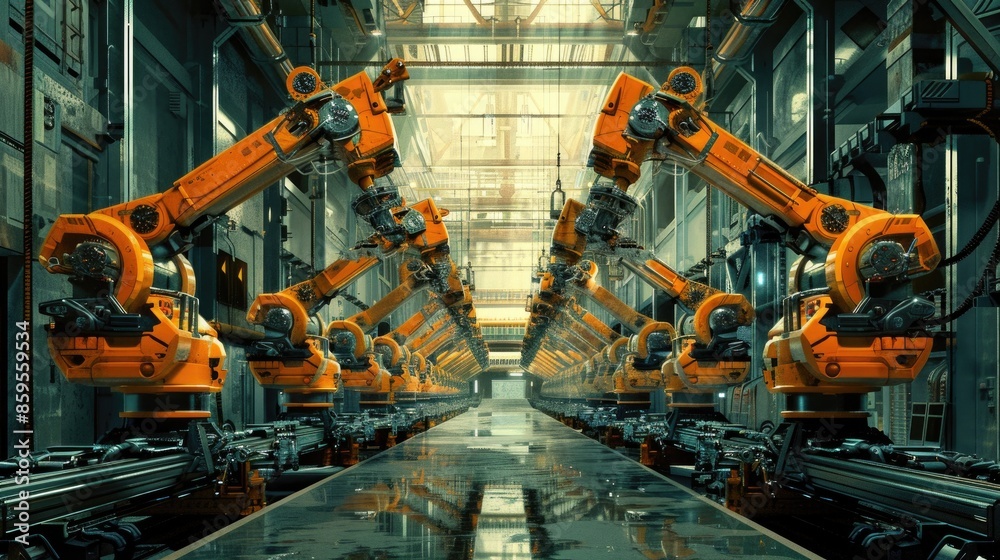 Poster background image of robot machine working together at production line. factory machine or robotic el