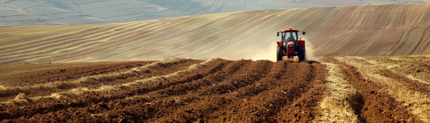 Fototapeta premium Sustainable Agricultural Practices: Plowing the Field with Reduced Carbon Footprint