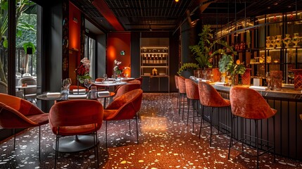 Modern and stylish restaurant interior with elegant red velvet chairs and contemporary bar design illuminated with soft lighting. 