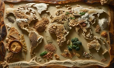 A world map of foods and condiments