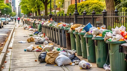 Fototapeta premium Overflowing Trash Cans Line The Sidewalk In An Urban Area