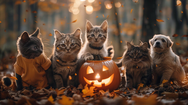 Cats and a dog with a Halloween pumpkin in an autumn forest