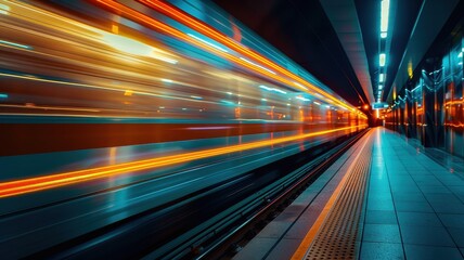 Long exposure shot of a speeding train in an underground metro station with motion blur and vibrant light trails.