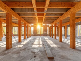 The interior of a large building under construction, featuring wooden beams and columns