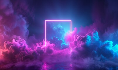 Blue and Purple Neon Light with Cloud Formation. Square shaped Fluorescent Frame in Dark Environment.