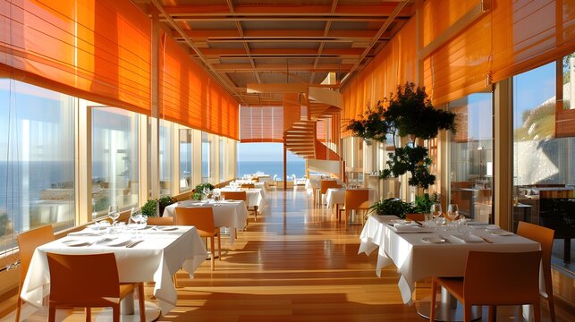 An elegant restaurant interior with set tables overlooking the ocean through large windows with abundant natural light 