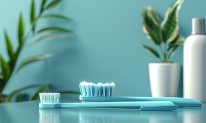 Close up of toothbrush and toothpaste with blue background