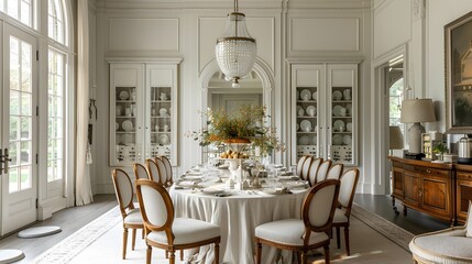 Obraz premium Elegant dining room with a large table set for a luxurious meal, showcasing ornate decor and classical architecture. 