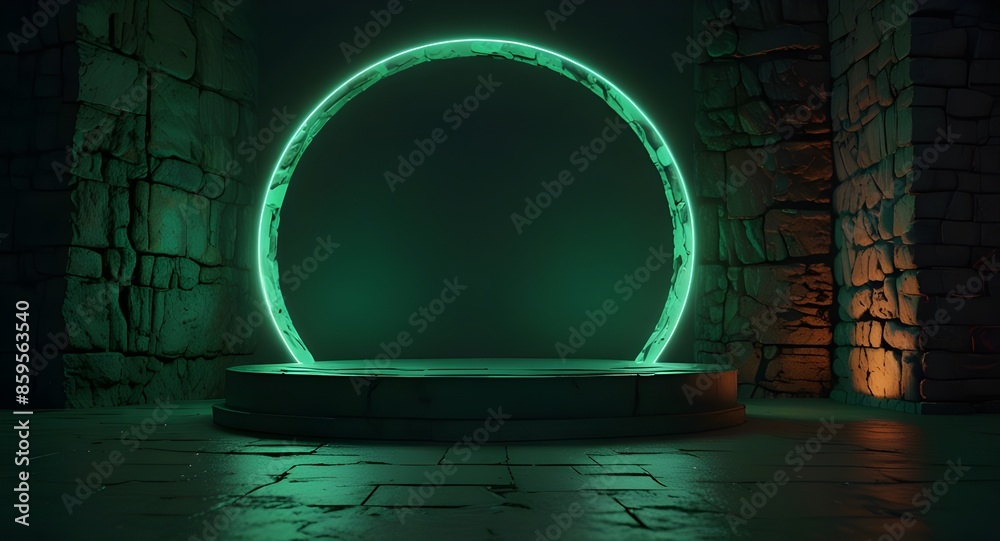 Wall mural 3d render, abstract minimal green background with round neon glowing frame and cobblestone ruins. Showcase scene with podium for product presentation - Wall murals