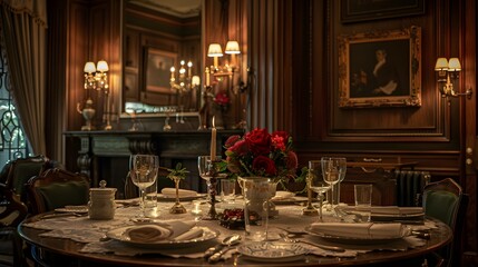 Fototapeta premium Elegant dining room setup with a vintage aesthetic and a lavish table setting ready for a sophisticated meal.