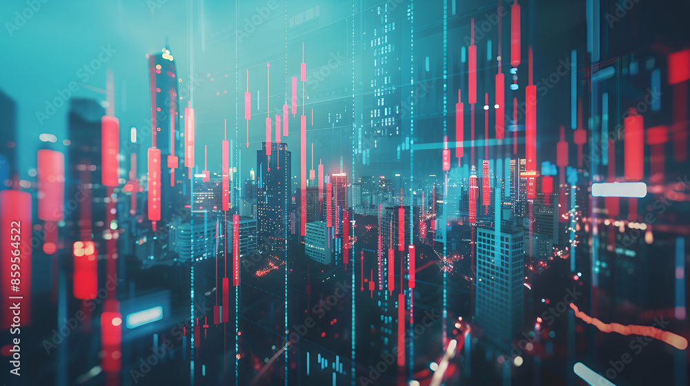 Wall mural double exposure of candle stick graph chart with indicator with stock market price screen and city b