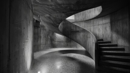 Black and white photo of a spiral staircase, rough concrete textured walls, soft lighting (1)