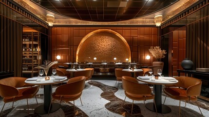 Elegant fine dining restaurant interior with modern design and luxurious decor, capturing an atmosphere of exclusive sophistication. 