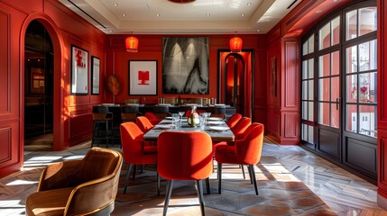 Luxurious red-themed dining room interior with modern furniture and abundant natural light 