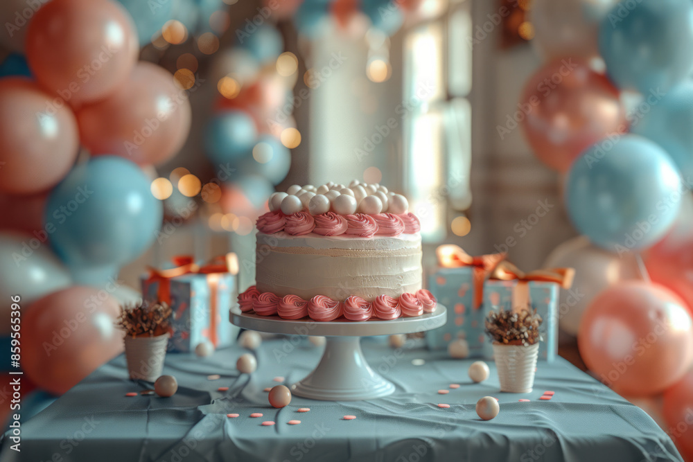 Poster 3d visualization of a birthday table in a circular shape with balloons, cake, and presents,