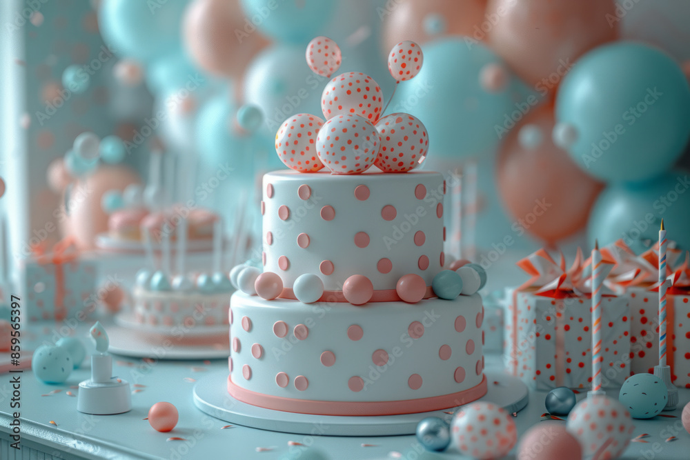 Poster 3d visualization of a birthday table in a circular shape with balloons, cake, and presents,