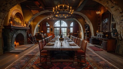 Obraz premium An elegant medieval-themed dining hall with a large wooden table set for a feast, surrounded by stonework and rustic decor, exuding warmth and historical charm.